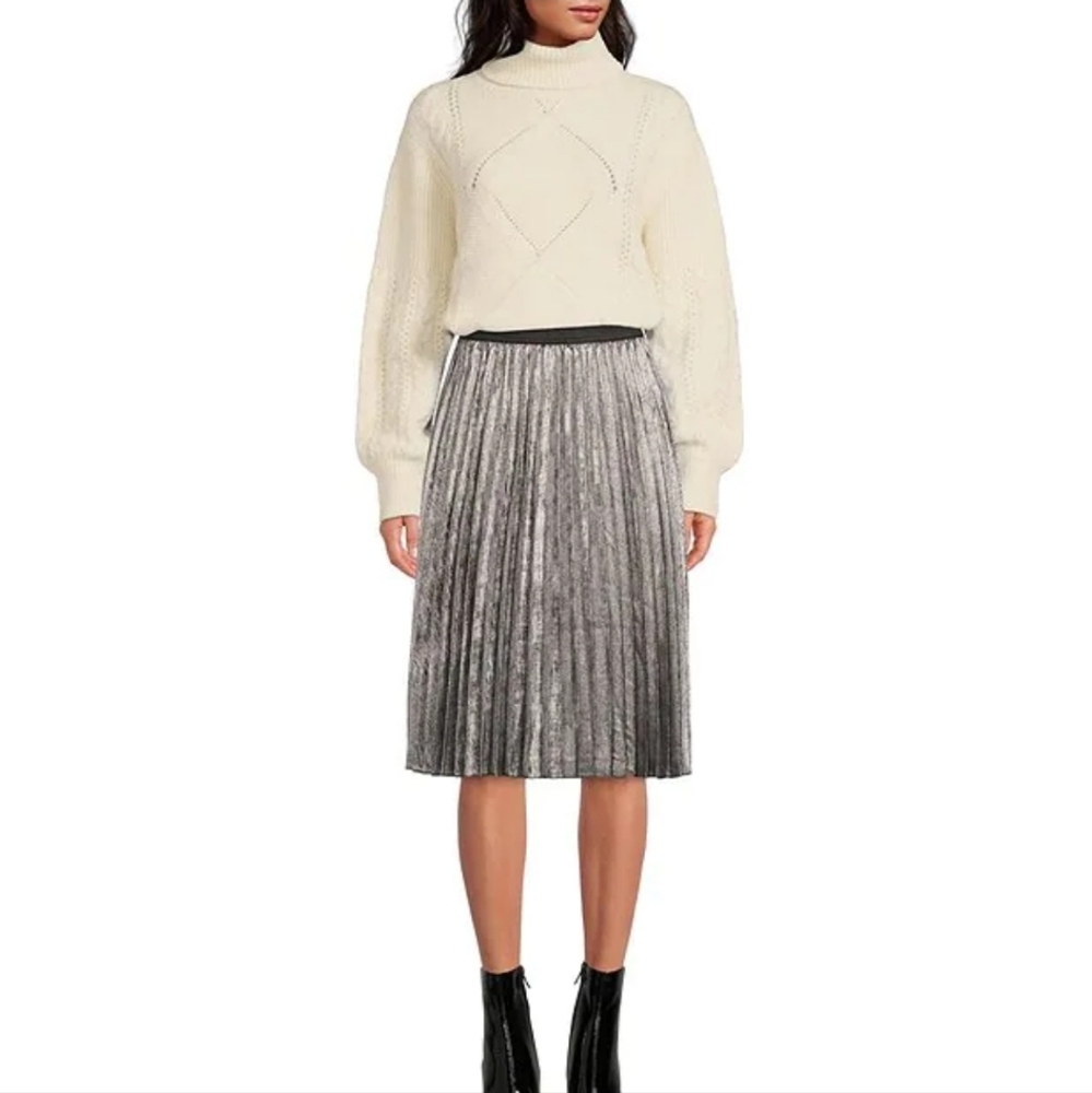 A Loves A Satin Foil Pleated Elastic Waist A-Line Midi Skirt